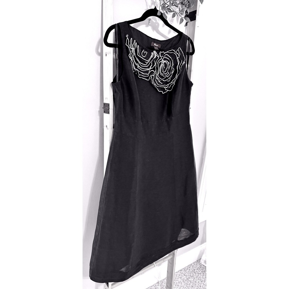 Monsoon Black Linen/Silk Floral Applique A-Line Dress 10 Wedding Guest Cocktail - Picture 2 of 9